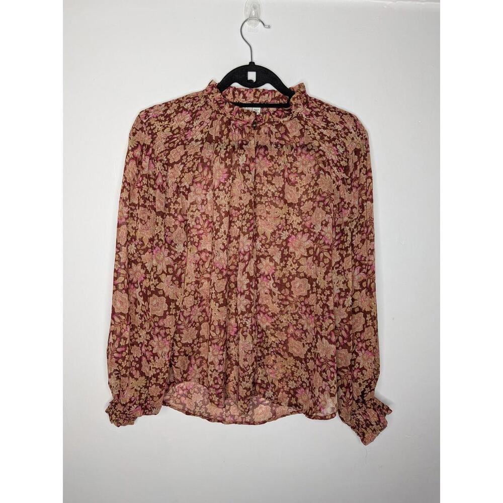 Joie Blouse Womens Small Brown Floral High Neck Ruffle Sheer Long Sleeve Chiffon
